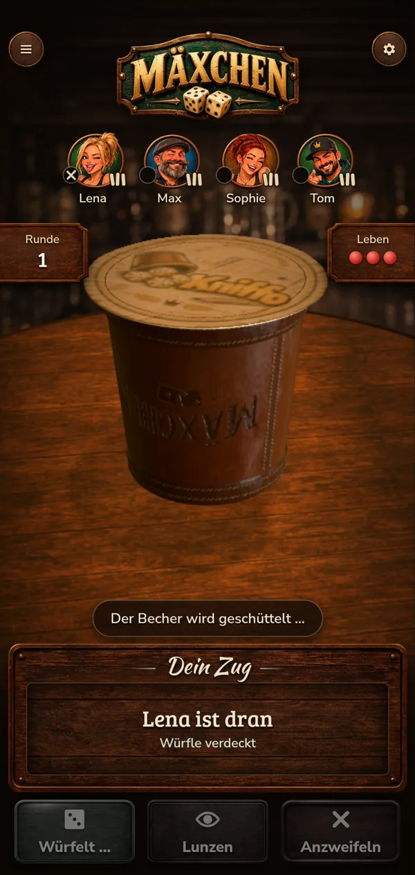 Der Becher wird mit dem Bierdeckel geschüttelt